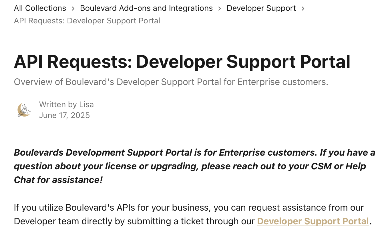 Boulevard Developer Support Portal