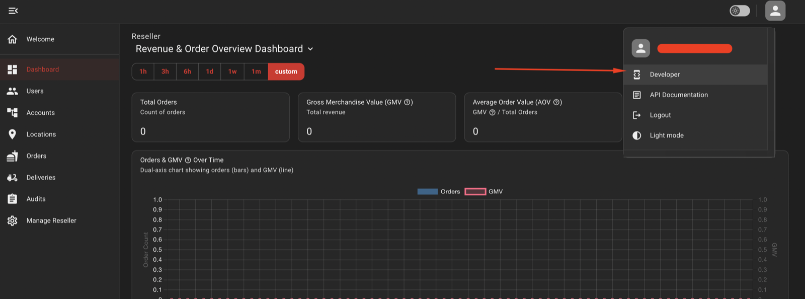 PosHUB Reseller dashboard with the user menu opened and the Developer entry highlighted.