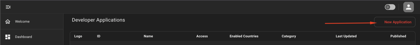 Developer Applications page with the New Application button highlighted.