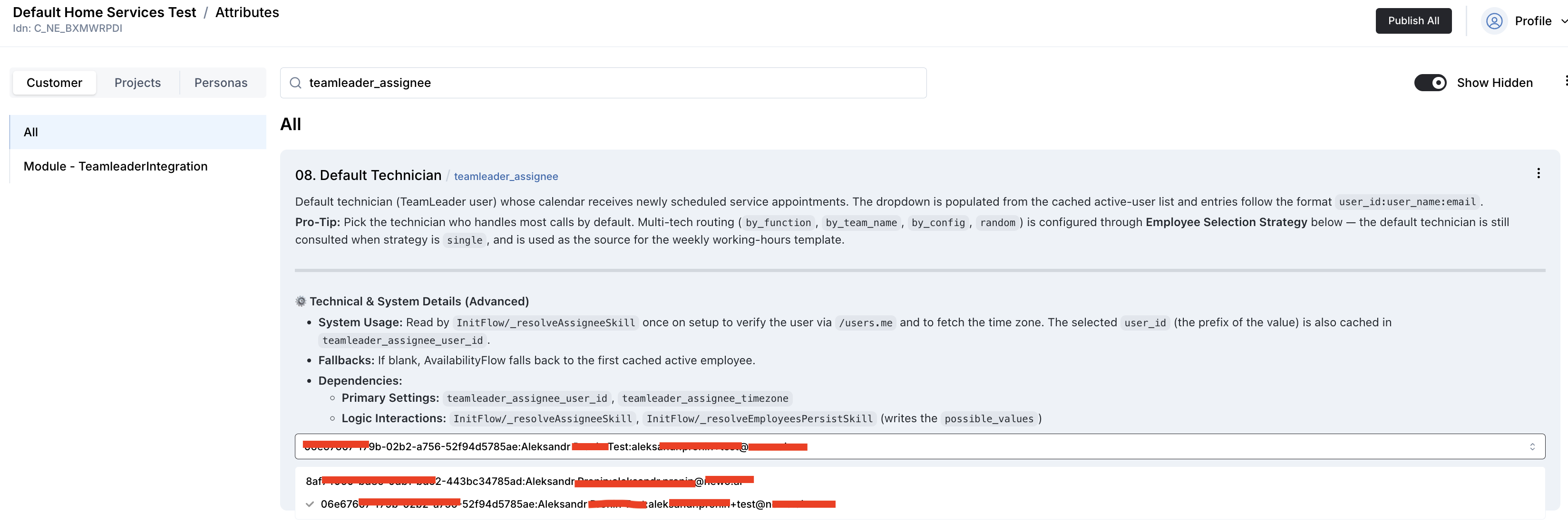 Default Technician dropdown populated with active TeamLeader users.