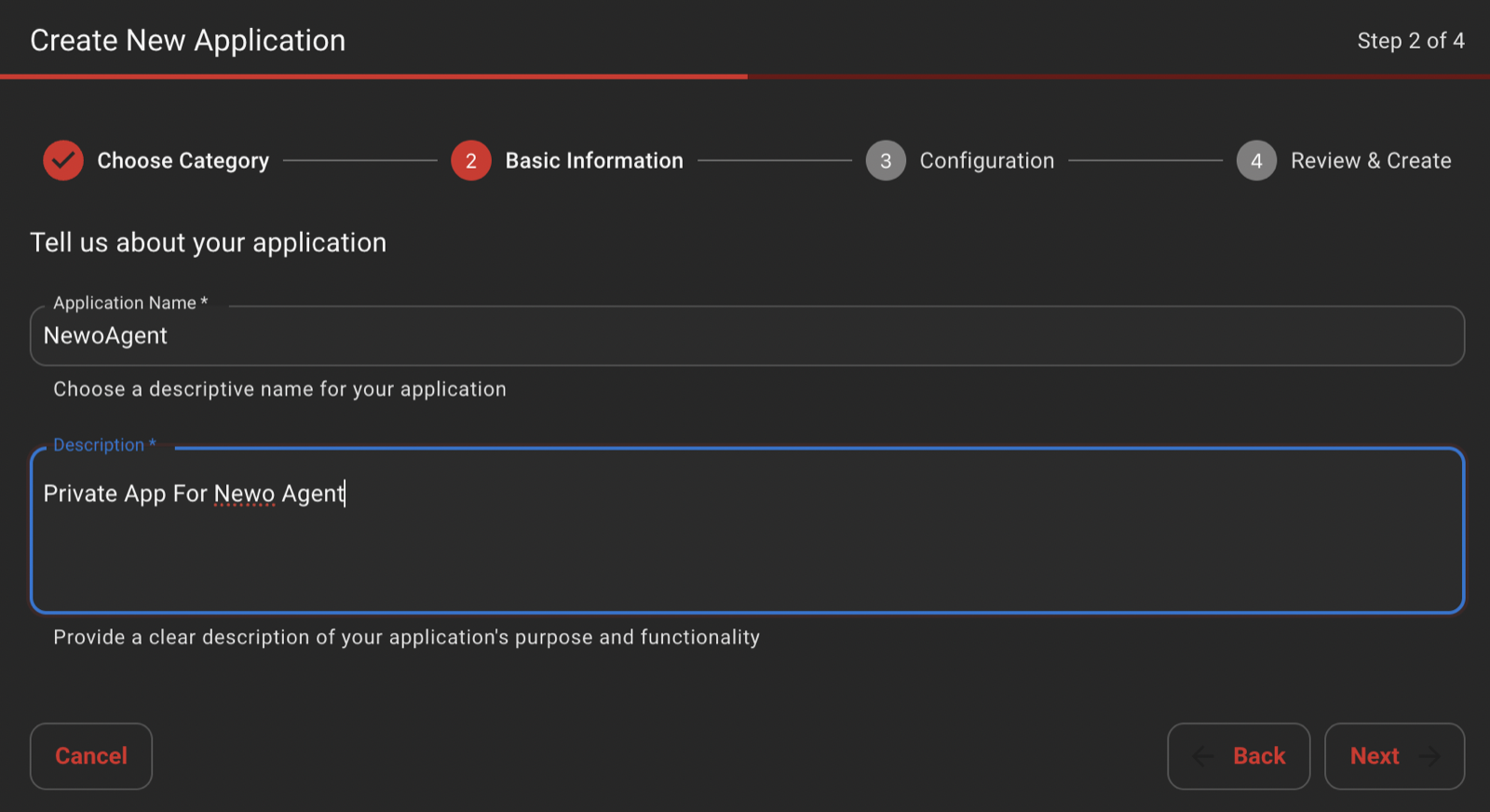 Wizard Step 2 of 4 with Application Name and Description filled in.
