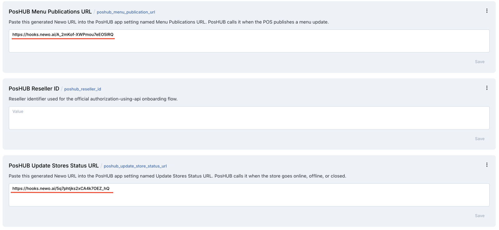 Newo PosHUB Settings showing the two generated webhook URLs ready to copy.