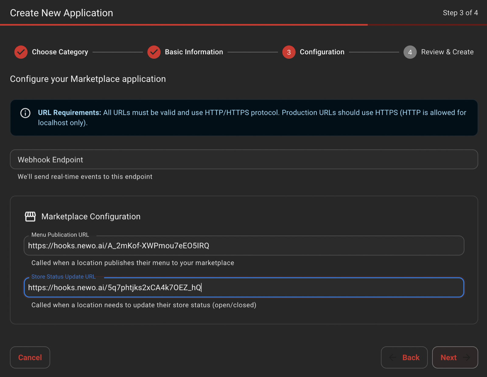 Wizard Step 3 of 4 with both webhook URLs pasted into the Marketplace Configuration fields.