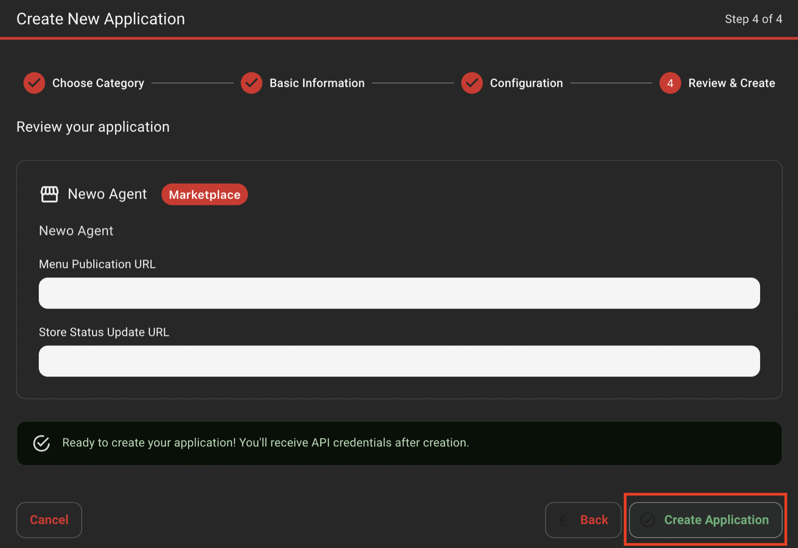 Wizard Step 4 of 4 with the Create Application button highlighted.