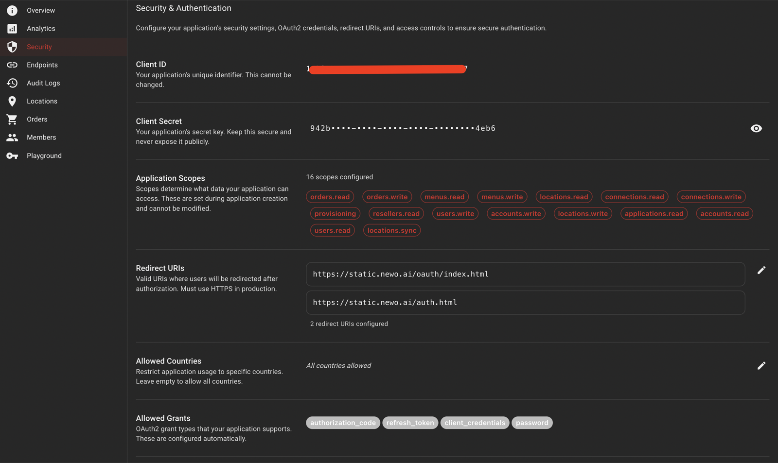 PosHUB application Security & Authentication page showing Client ID, Client Secret, Application Scopes, Redirect URIs, and Allowed Grants.
