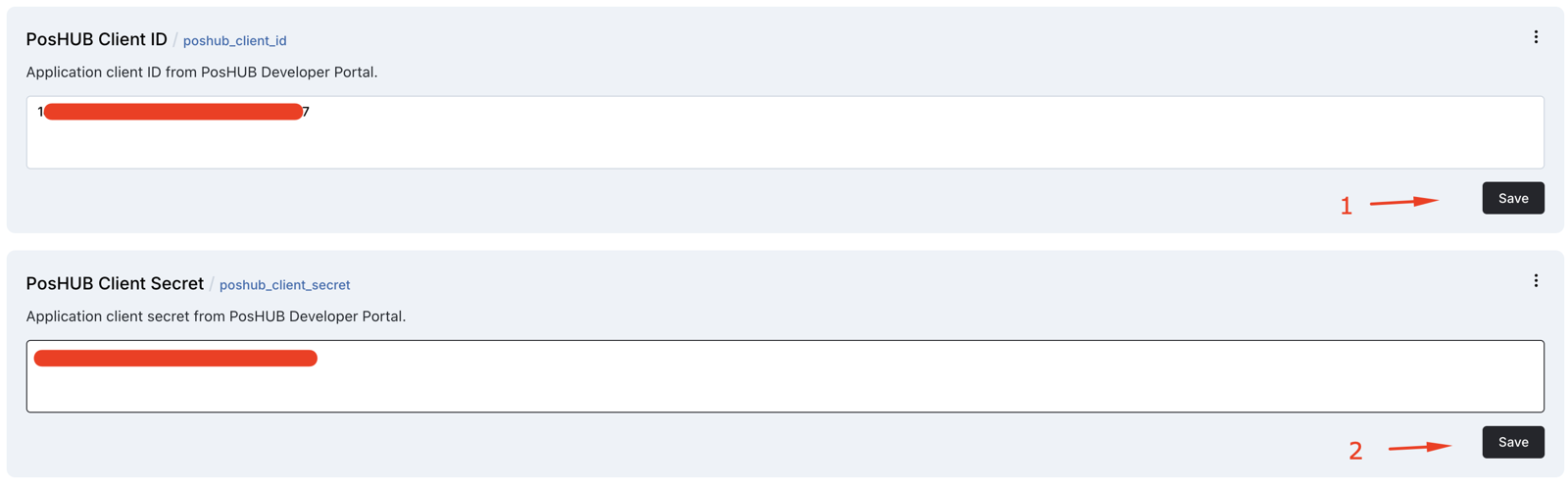 PosHUB Client ID and PosHUB Client Secret fields filled with arrows pointing at the Save buttons.