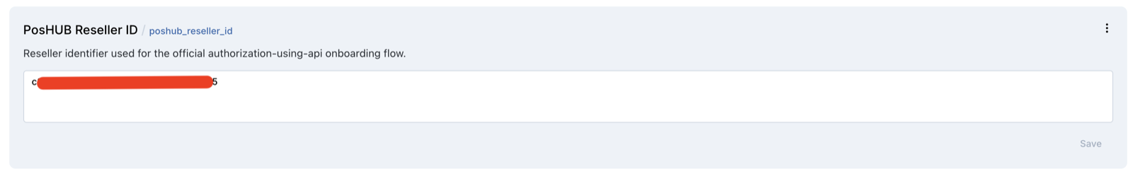 PosHUB Reseller ID field filled with the value pasted from the URL.