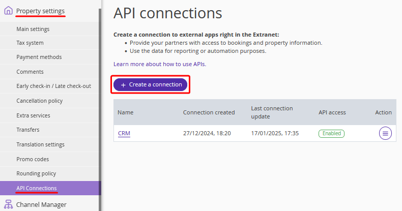 Property Settings — API Connections menu