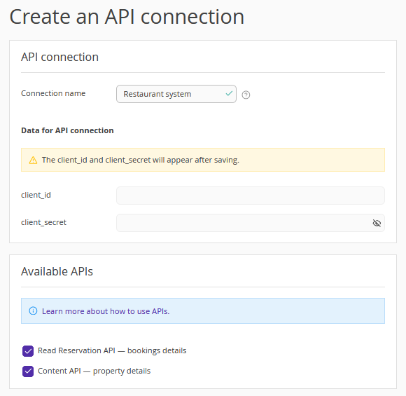 Create API Connection — name and API selection