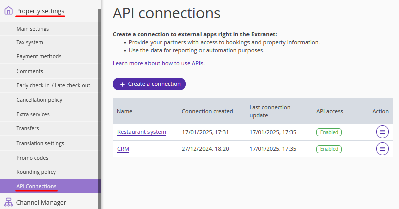 API Connections list