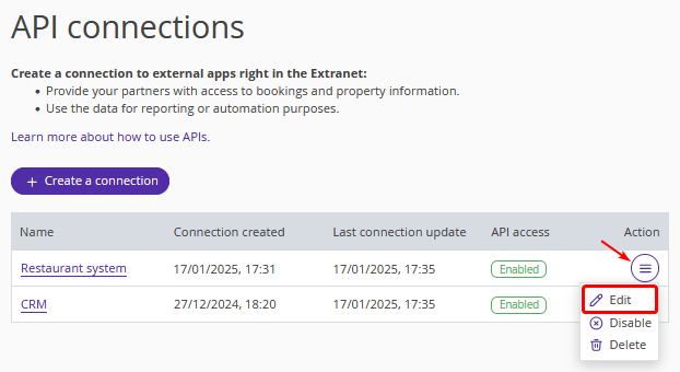 Connection actions menu
