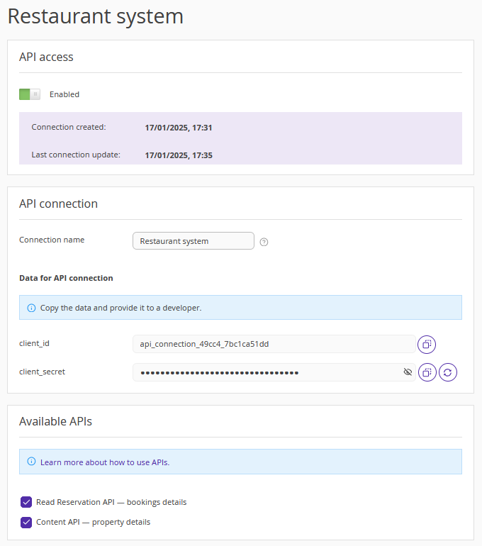 Connection settings page