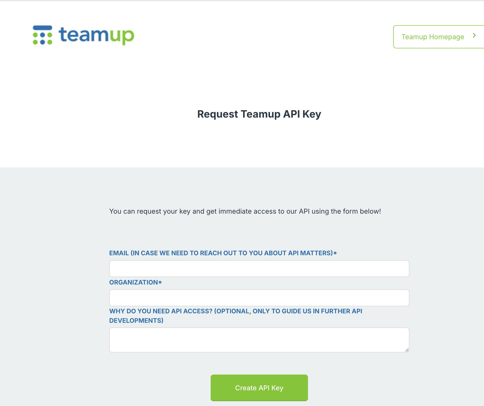 Request Teamup API Key