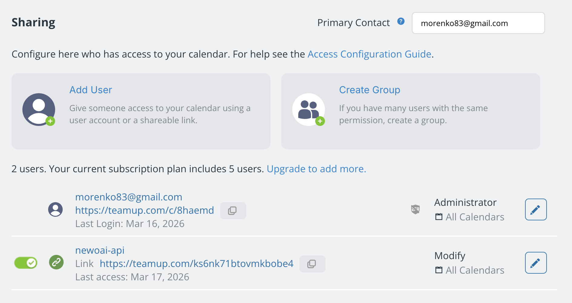 Calendar Key in Sharing Settings