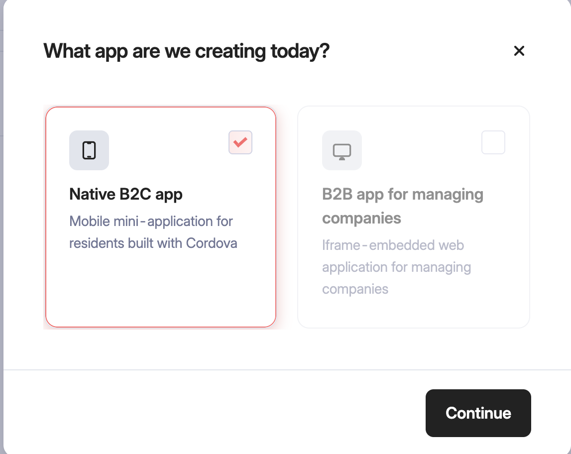 Unitify Developer Portal — Create mini-app, Native B2C selection