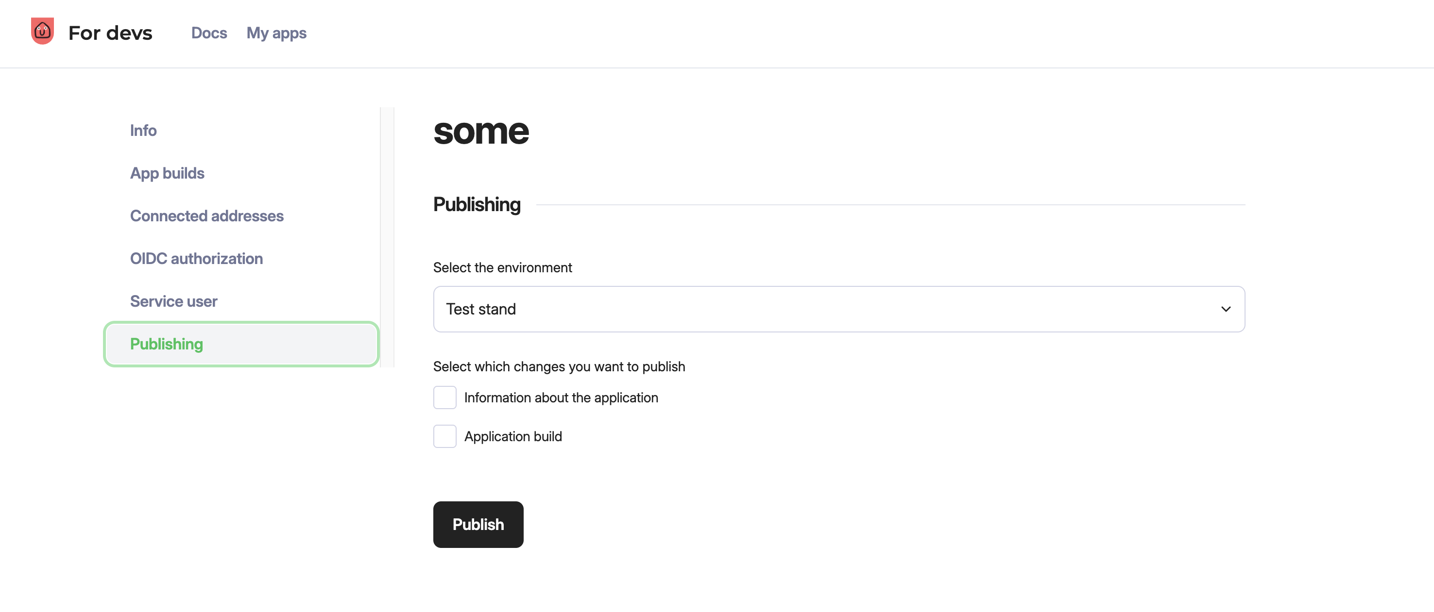 Unitify Developer Portal — Publishing tab