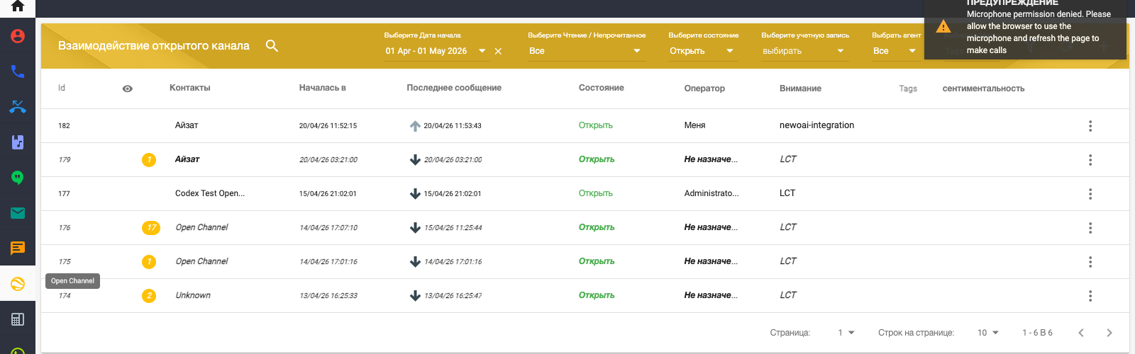 XCALLY Open Channel interactions list
